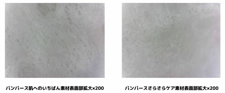 2種類のパンパースの素材表面部を200倍に拡大している