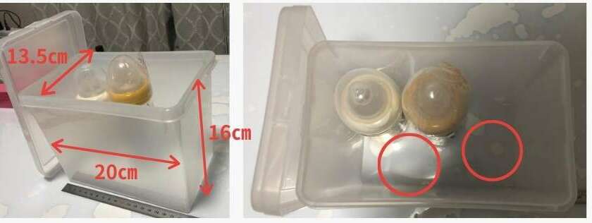 容器の寸法を測定、哺乳瓶何本入るかテストしている。