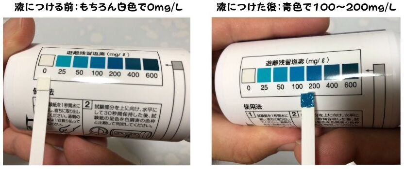 水質試験紙による色の変化と、色見本を比較して濃度を測定する