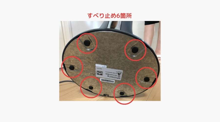 扇風機本体の裏側のすべり止め機構について調査している。転倒しにくいのか
