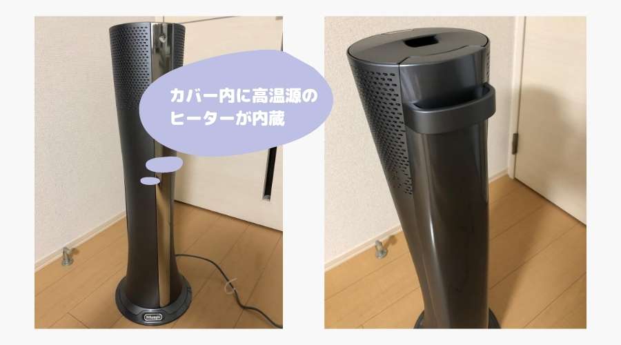 ヒーターの高温部がカバー内にあり、触れることができない構造となっている