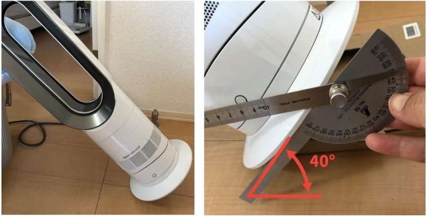 ダイソンAM09の転倒時自動運転停止機能がどれぐらい倒れたら働くのか実験をしている