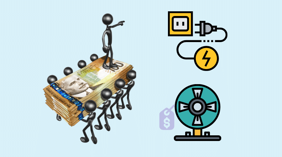 値札が付いている扇風機と電気が発生しているコンセントにお金を運んでいる人達がいる