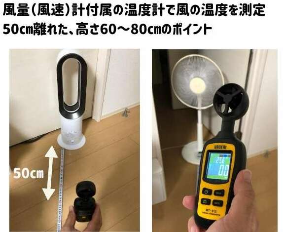 ダイソンAM09の温風の温度を測定している