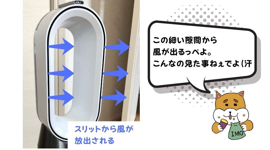ダイソン扇風機HP04の本体スリット部から風が出ている。