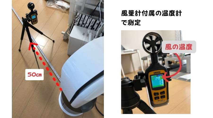 風量計に付属の温度計で、出てくる温風の温度を測定している。