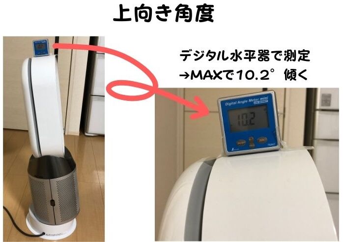 デジタル水平器でダイソンHP04のヘッドが、上向きに傾けられるのかを測定している