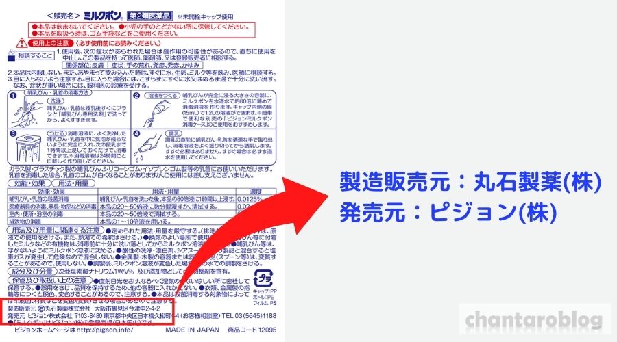 製品裏の説明書きに、製造販売元と発売元が書かれている。