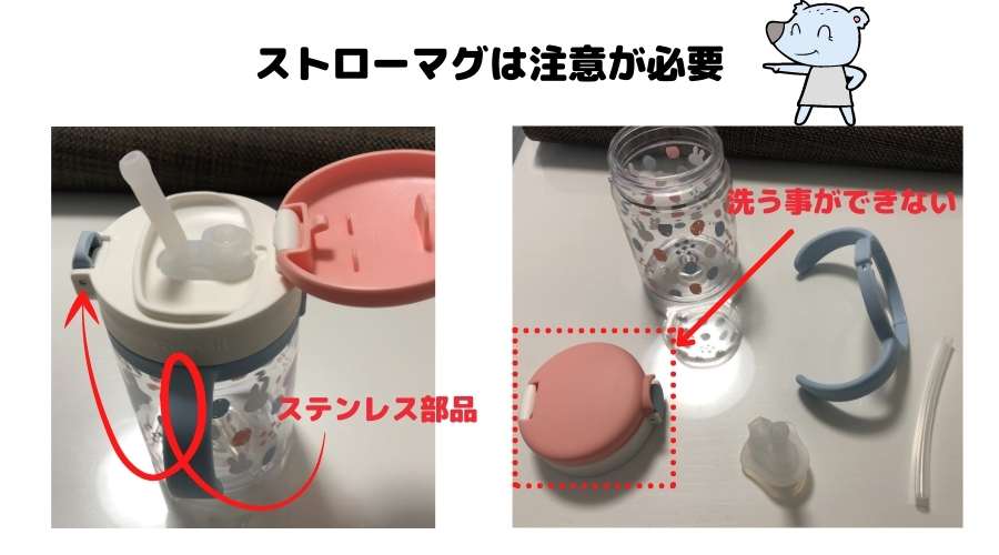 ストローマグの消毒方法の説明をしている
