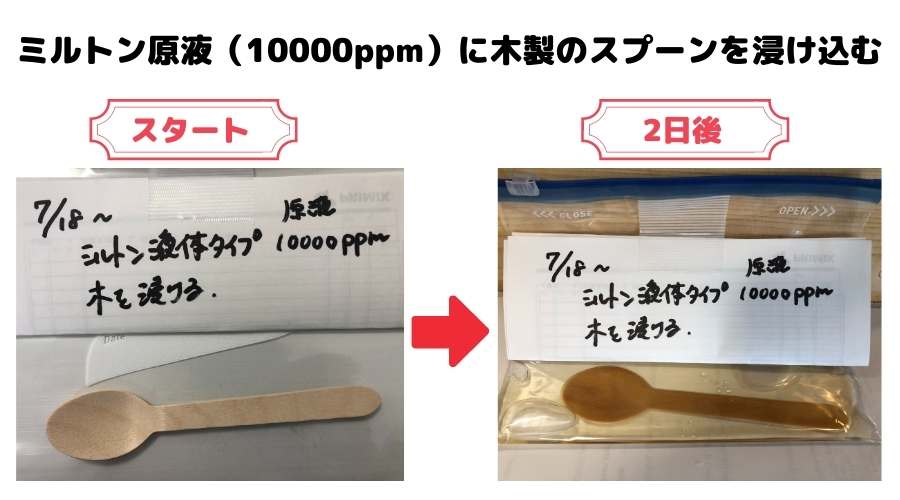 ミルトン原液に木製のスプーンを浸けて実験をしている