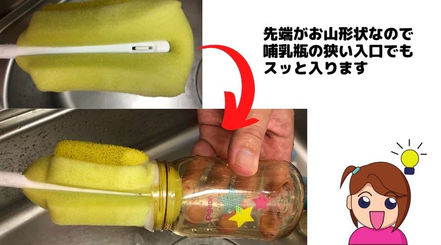 ピジョンのスポンジブラシは、先端部がお山形状で、狭い哺乳瓶の入口でも入りやすいことを説明している