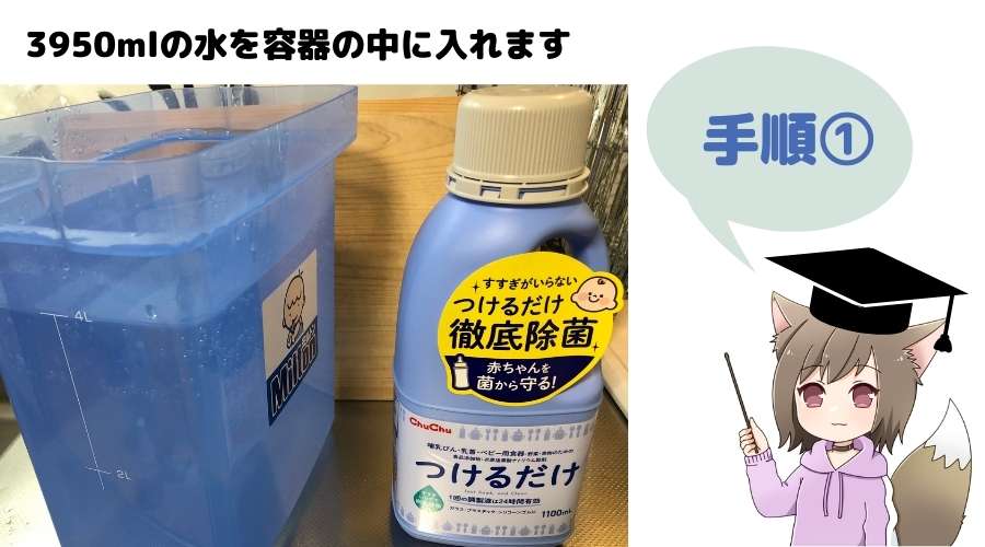 チュチュつけるだけ除菌液の作り方手順1の説明をしている