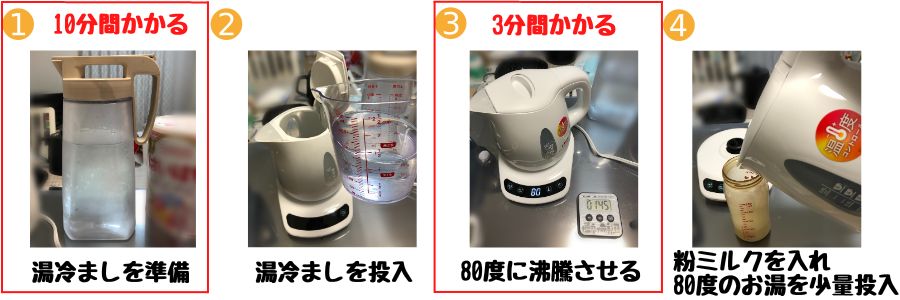 電気ケトルでミルク作りをする上で、時間がかかるポイント。