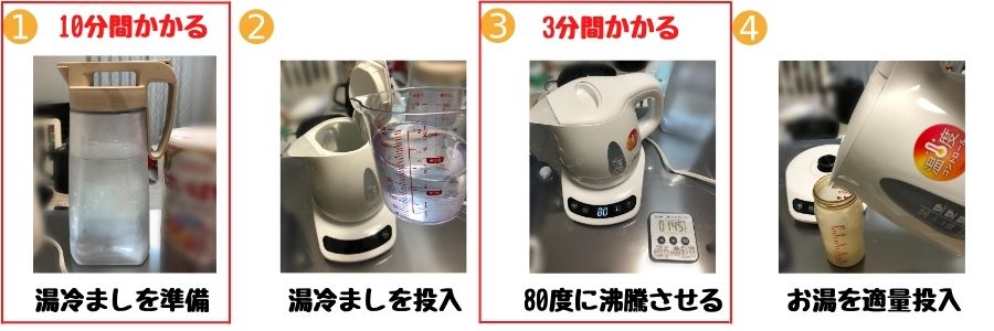 電気ケトルでミルク作りをする上で、時間がかかるポイント。
